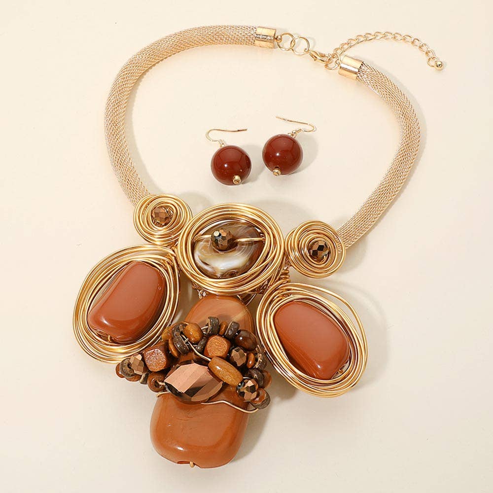 Bold Resin Beaded Wired Statement Necklace: Brown,Gold