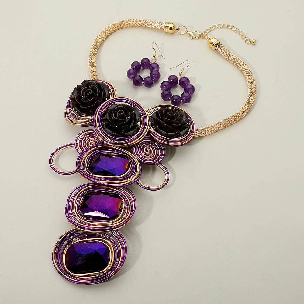 Bold Floral Accent Artistic Colorful Wire Coil Statement Necklace: Gray
