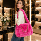 Solid Plush Faux Fur Shoulder Tote Bag: Black