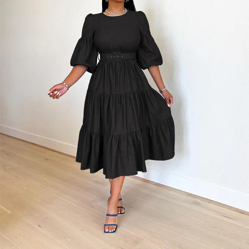 Women's Fashion Round Neck Swing Midi Dress