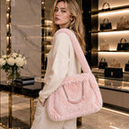 Solid Plush Faux Fur Shoulder Tote Bag: Black