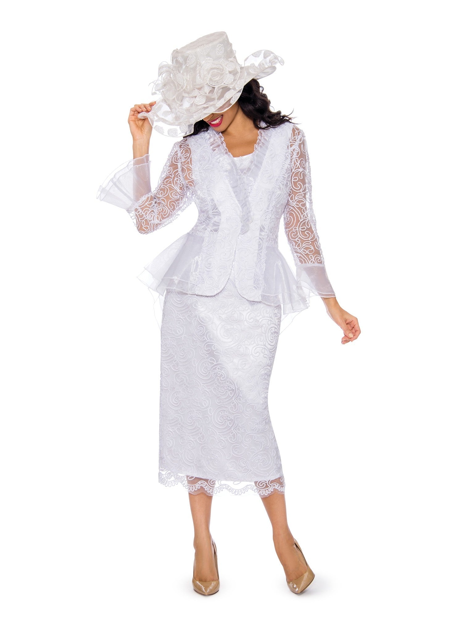 Giovanna 3pc Lace Suit w/ Ruffled Neckline & Organza Trim, Style 0956