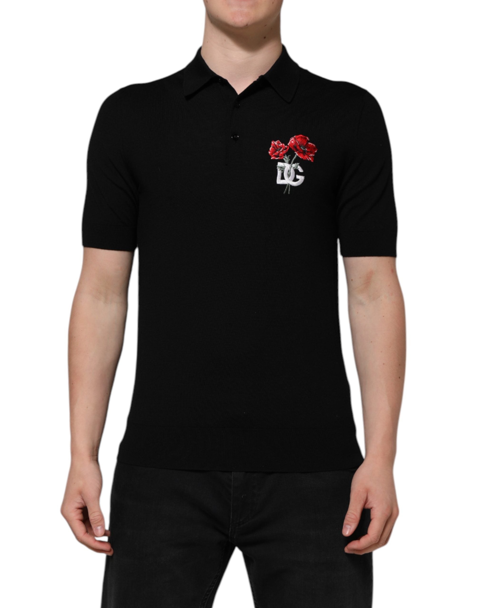 Dolce & Gabbana Black Wool Logo Floral Short Sleeve T-shirt