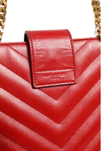 Saint Laurent Red Chevron Quilted Grained Leather Monogram Tote Bag