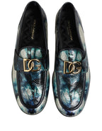 Dolce & Gabbana Metallic Blue Silver Leather DG Loafers Shoes