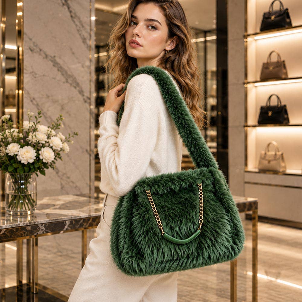 Solid Plush Faux Fur Shoulder Tote Bag: Tan