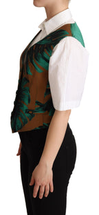 Dolce & Gabbana Green Jacquard Leaf Gold Waistcoat Vest