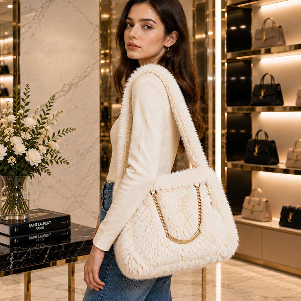 Solid Plush Faux Fur Shoulder Tote Bag: Tan