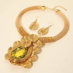 Bold Teardrop Stone Centered Metal Swirl Embellished Statement Necklace: Yellow