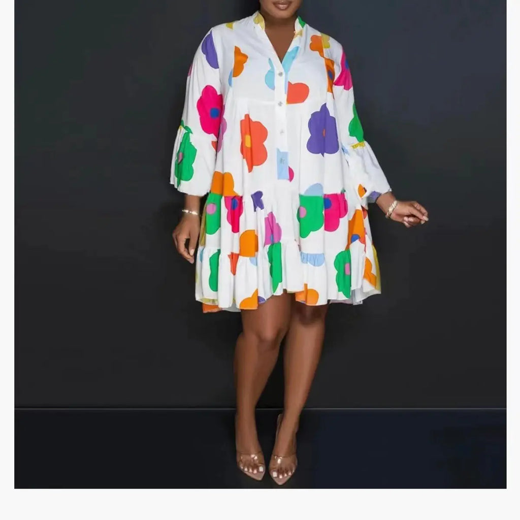 Loose Floral Print Long Sleeve V-Neck Maxi Dress