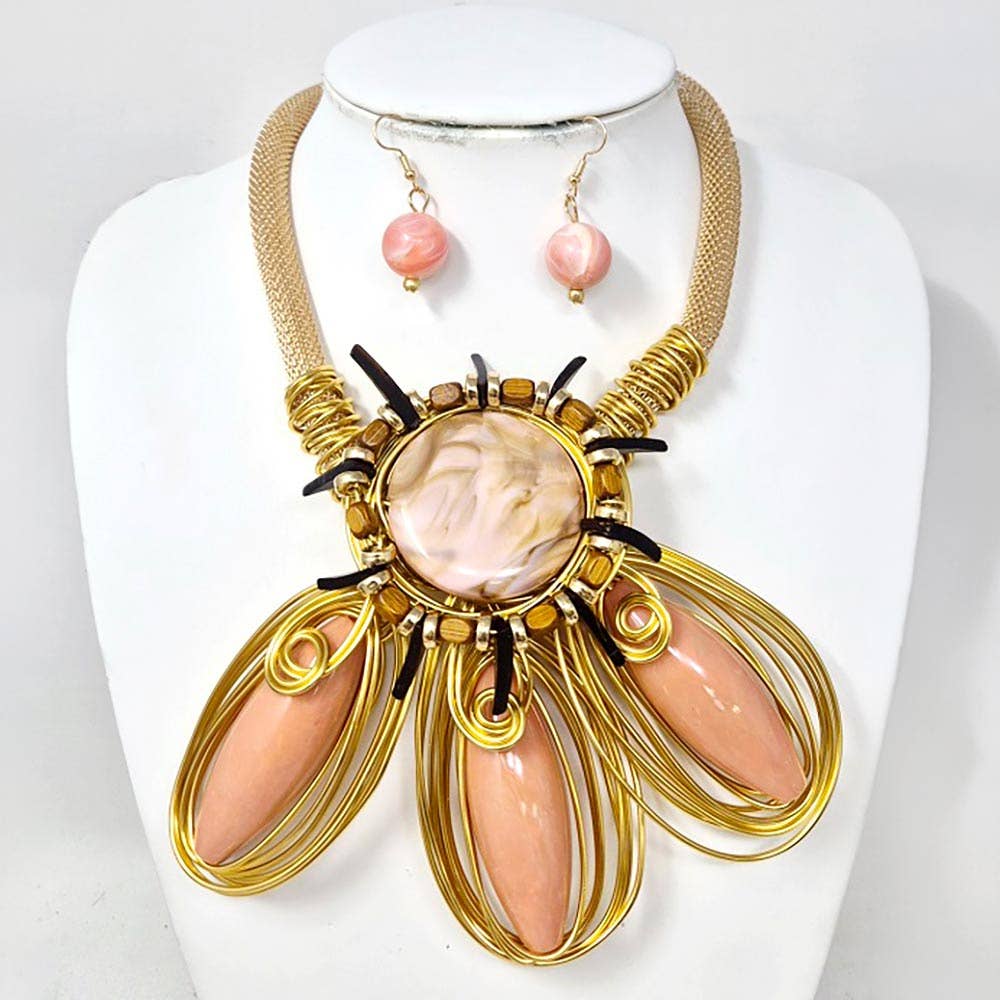 Bold Resin Wired Petal Bloom Statement Necklace Set: Gold,Pink