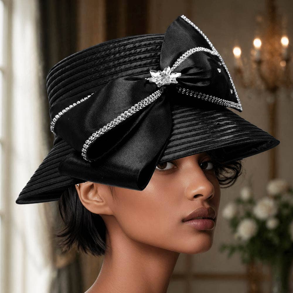 Elegant Floral Stone Cluster Embellished Bow Accent Wide Brim Statement Dressy Hat: Black