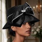 Elegant Floral Stone Cluster Embellished Bow Accent Wide Brim Statement Dressy Hat: Black