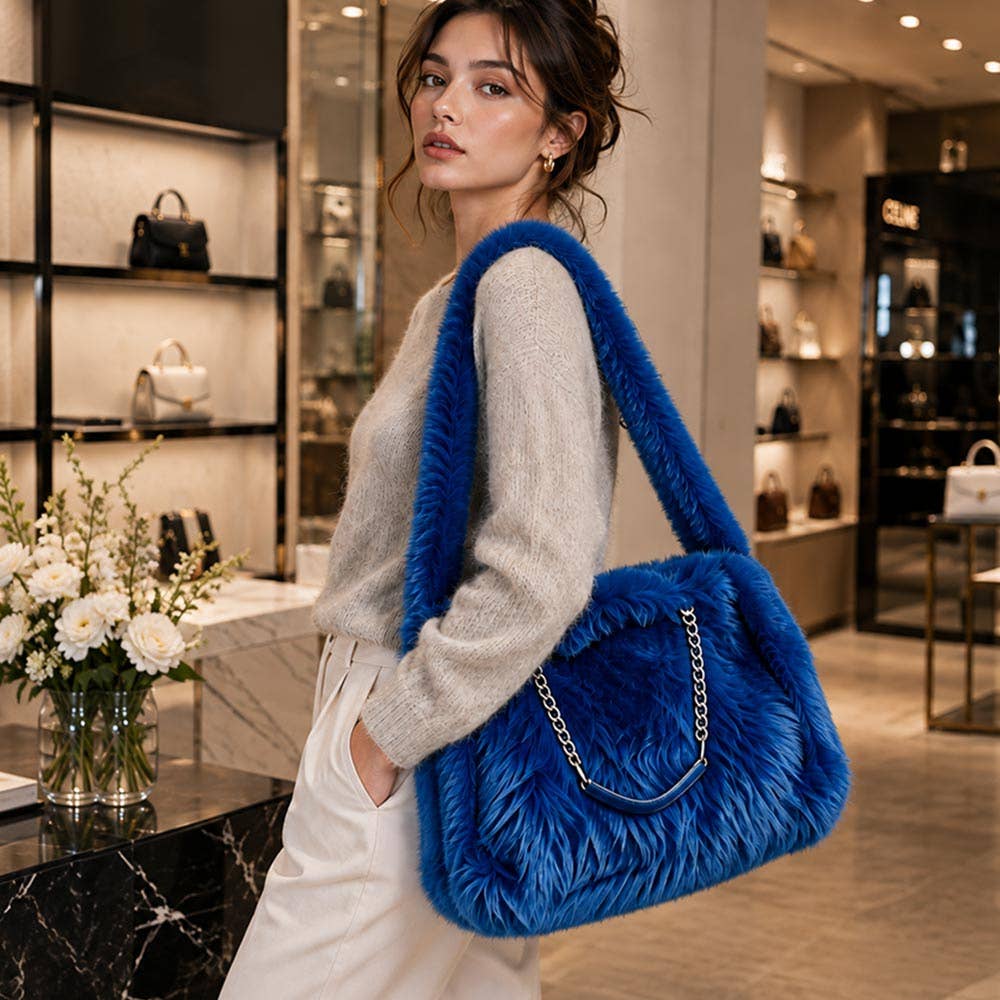 Solid Plush Faux Fur Shoulder Tote Bag: Black