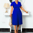 V-neck Pleated Dress with Lotus Leaf Sleeves (Plus Size)