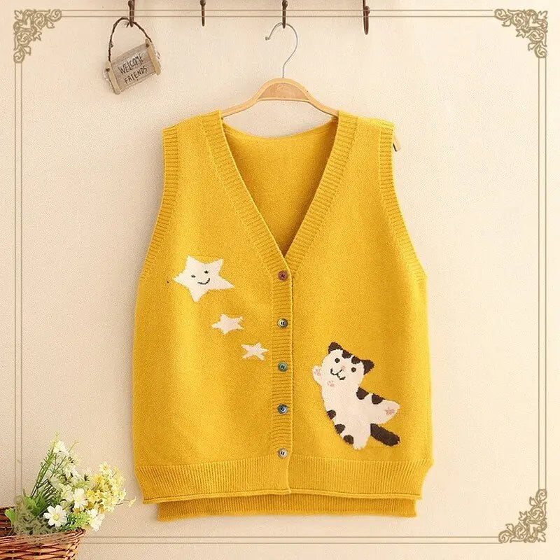 Autumn Loose Simple Knitted Sweater with Cat Embroidery