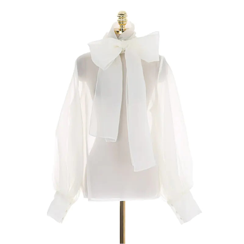 Fashion Sheer Bow Tie Puff Sleeve Shirt for Women