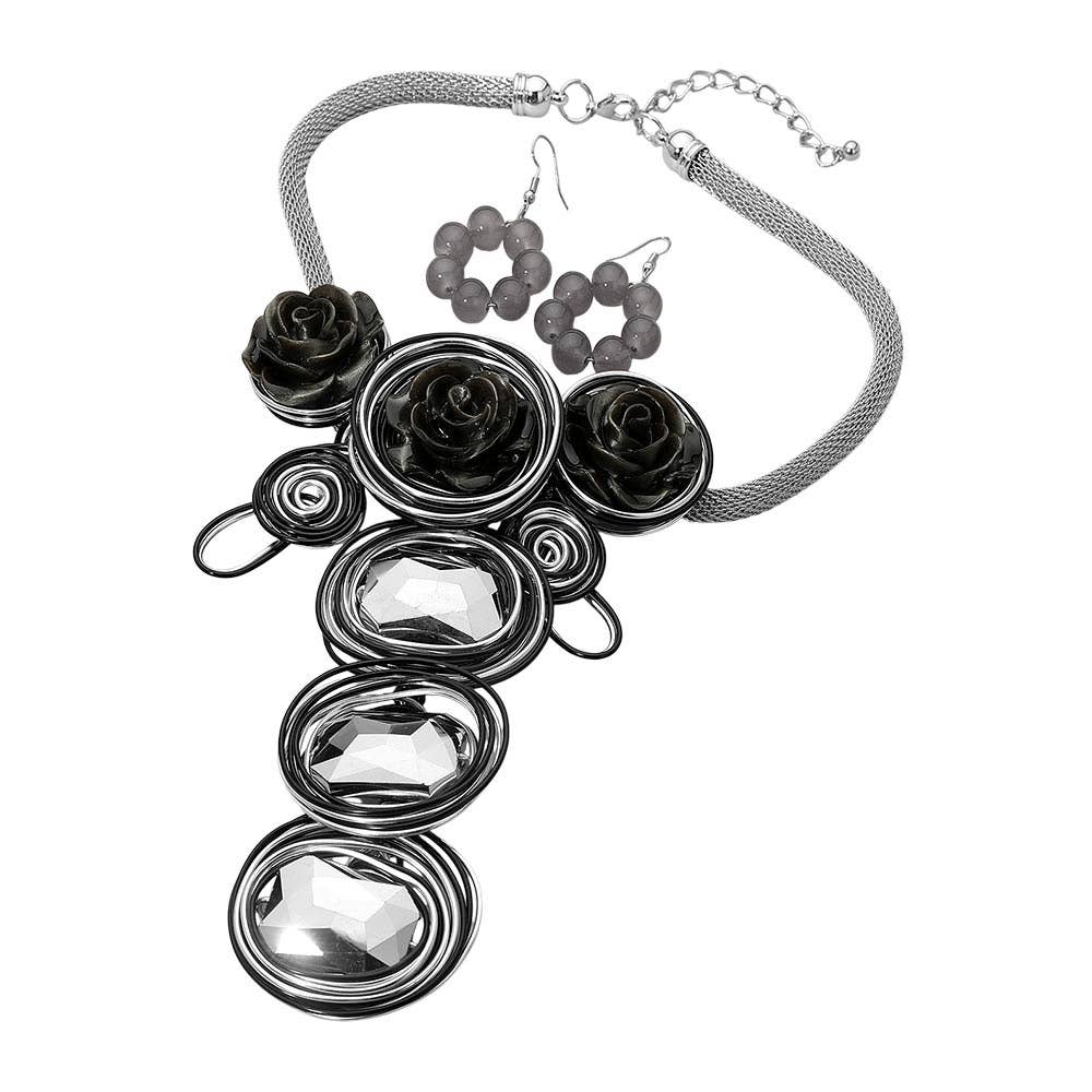 Bold Floral Accent Artistic Colorful Wire Coil Statement Necklace: Gray
