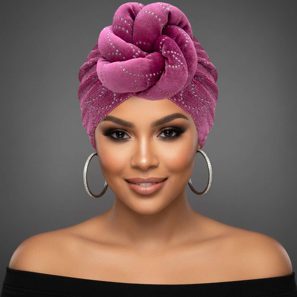 Elegant Rhinestone Studded Knot Turban Hair Wrap: Pink