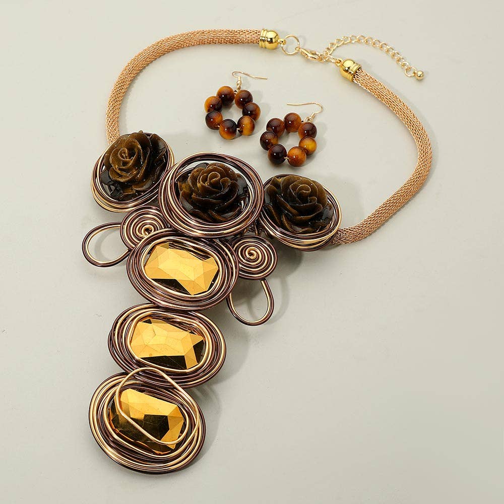 Bold Floral Accent Artistic Colorful Wire Coil Statement Necklace: Gray