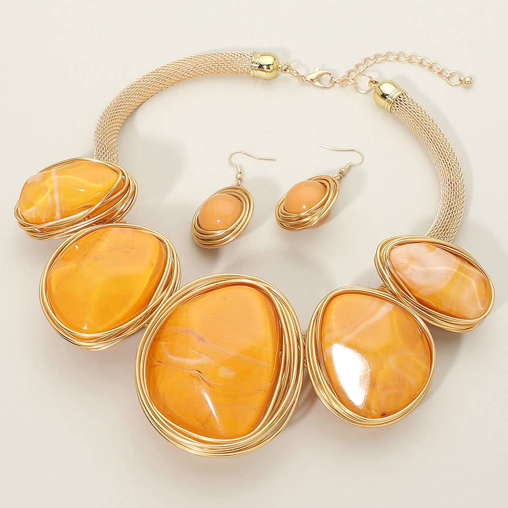 Bold Wire Wrapped Marbled Resin Link Statement Necklace: Yellow