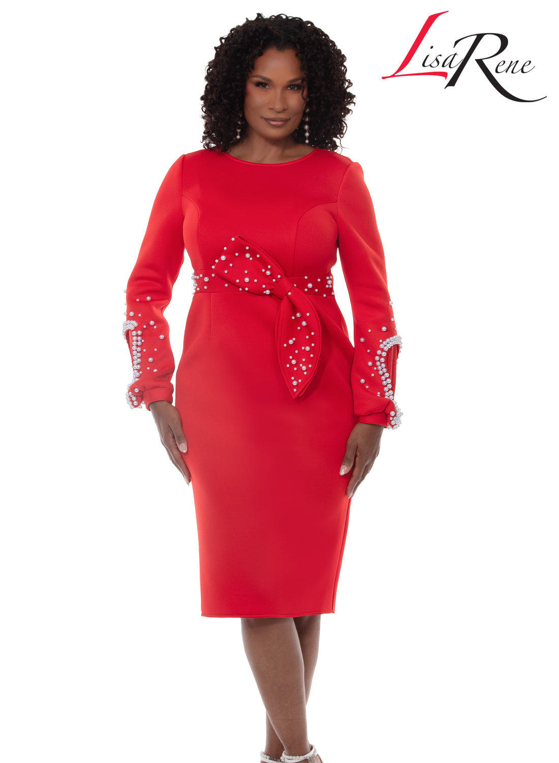 Lisa Rene Style 3378 Pearl Trim Dress in Red & Black | Mahari
