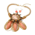 Bold Resin Wired Petal Bloom Statement Necklace Set: Gold,Pink