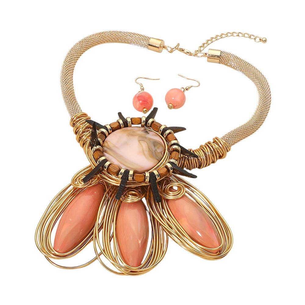 Bold Resin Wired Petal Bloom Statement Necklace Set: Gold,Pink