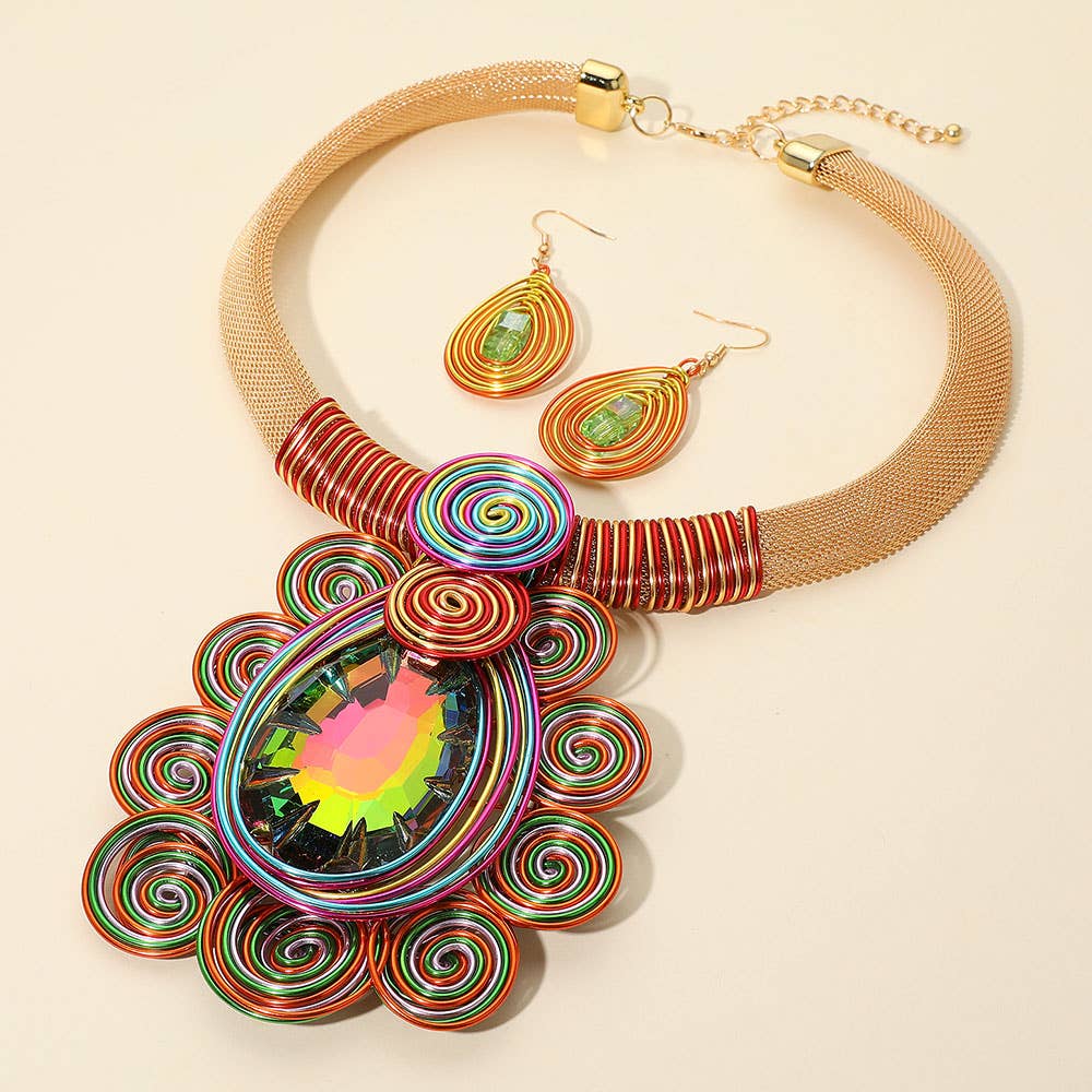 Bold Teardrop Stone Centered Metal Swirl Embellished Statement Necklace: Yellow