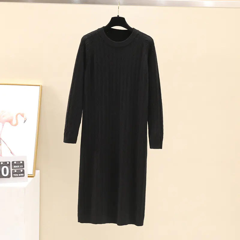 Round Neck Cable Knit Midi Dress - Loose Straight Style