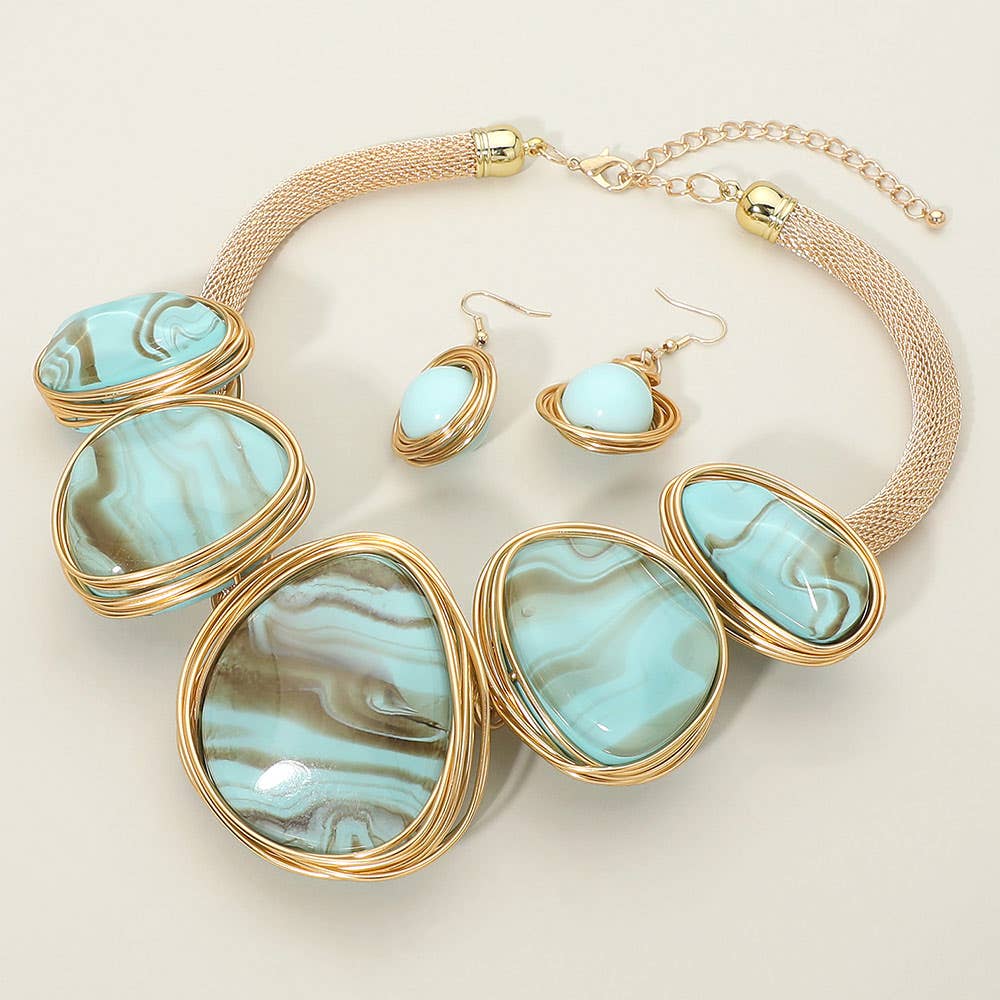 Bold Wire Wrapped Marbled Resin Link Statement Necklace: Brown