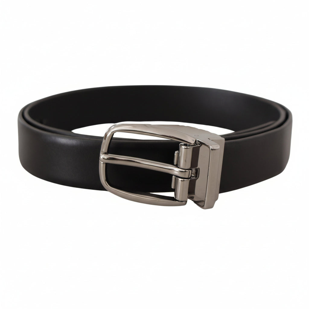 Dolce & Gabbana Black Leather Silver Metal Chrome Logo Buckle  Belt