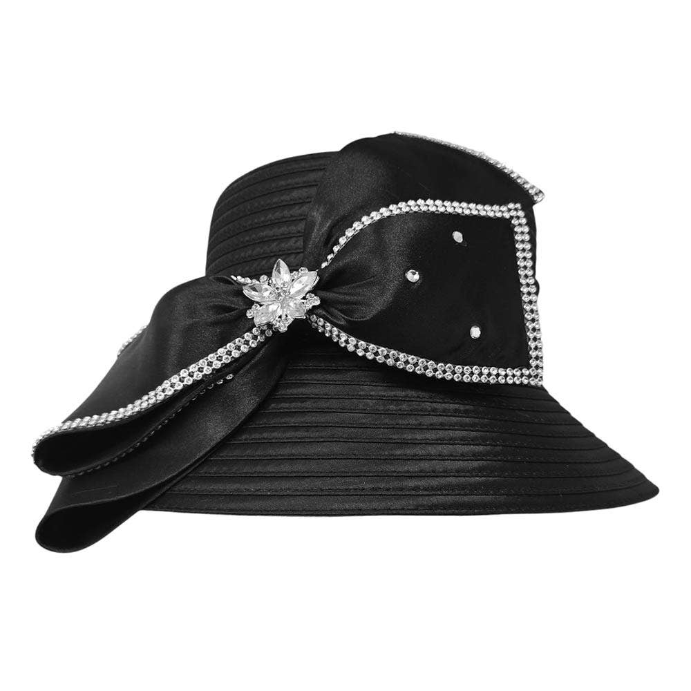 Elegant Floral Stone Cluster Embellished Bow Accent Wide Brim Statement Dressy Hat: Black
