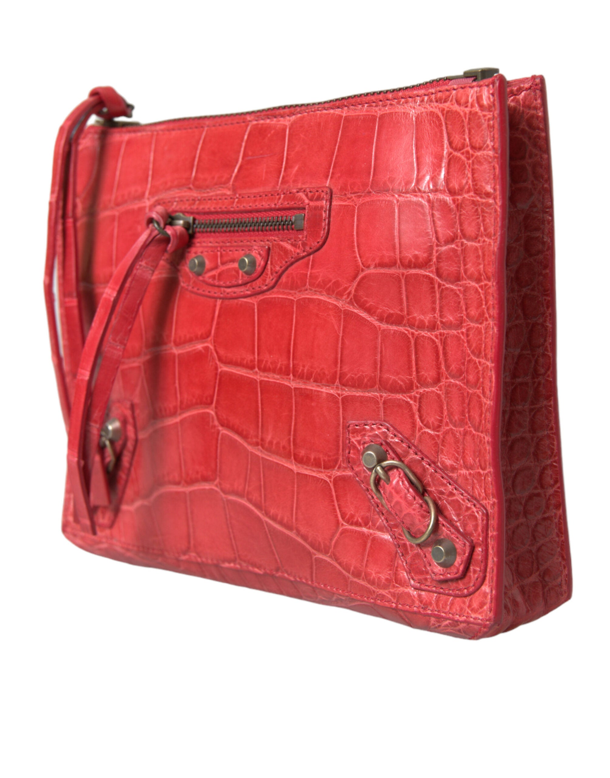 Balenciaga Red Exotic Skin Leather Classic Pouch Purse Wristlet Bag