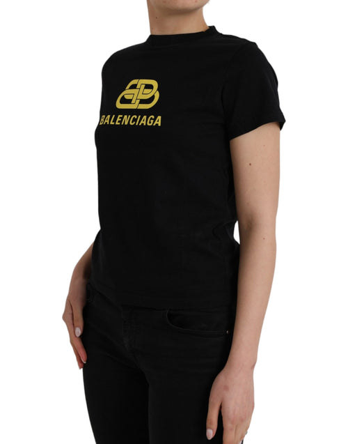 Balenciaga Sort Bomulds T-shirt med Logoprint, Rund Hals og Korte Ærmer