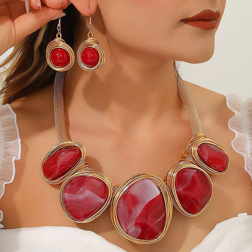 Bold Wire Wrapped Marbled Resin Link Statement Necklace: Yellow