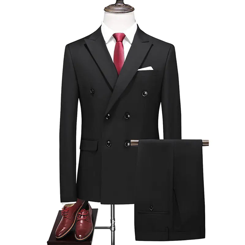 Men's Double Breasted Solid Color Coat and Trouser Suit with Lapel