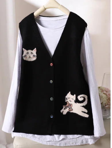 Autumn Loose Simple Knitted Sweater with Cat Embroidery