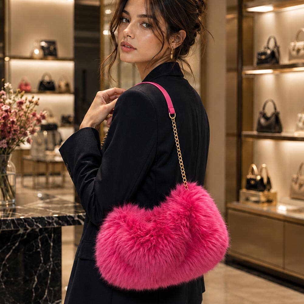 Fluffy Faux Fur Chain Strap Shoulder Handbag: Black
