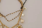 Dolce & Gabbana Gold Brass Crystal Floral Statement Charms Necklace