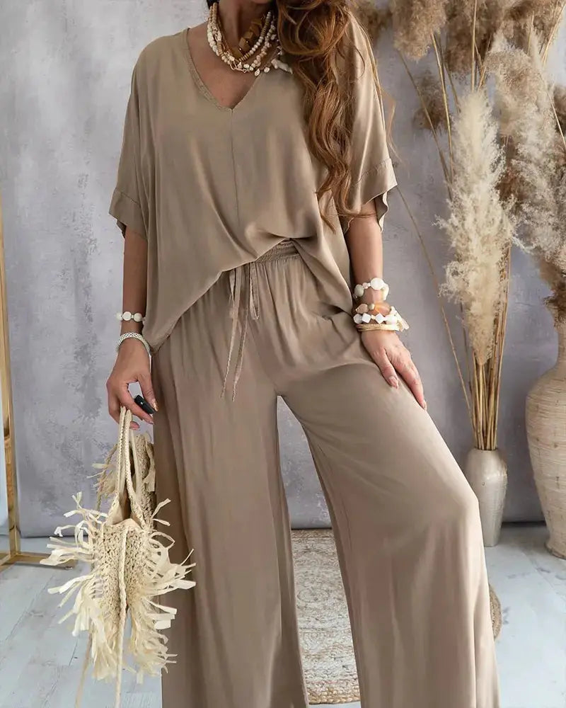Summer V-Neck Batwing Sleeve Cotton Set