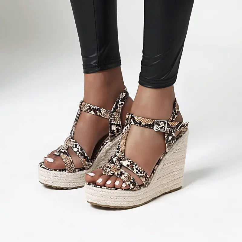 Large Snake Print Wedge Platform High Heel Sandals
