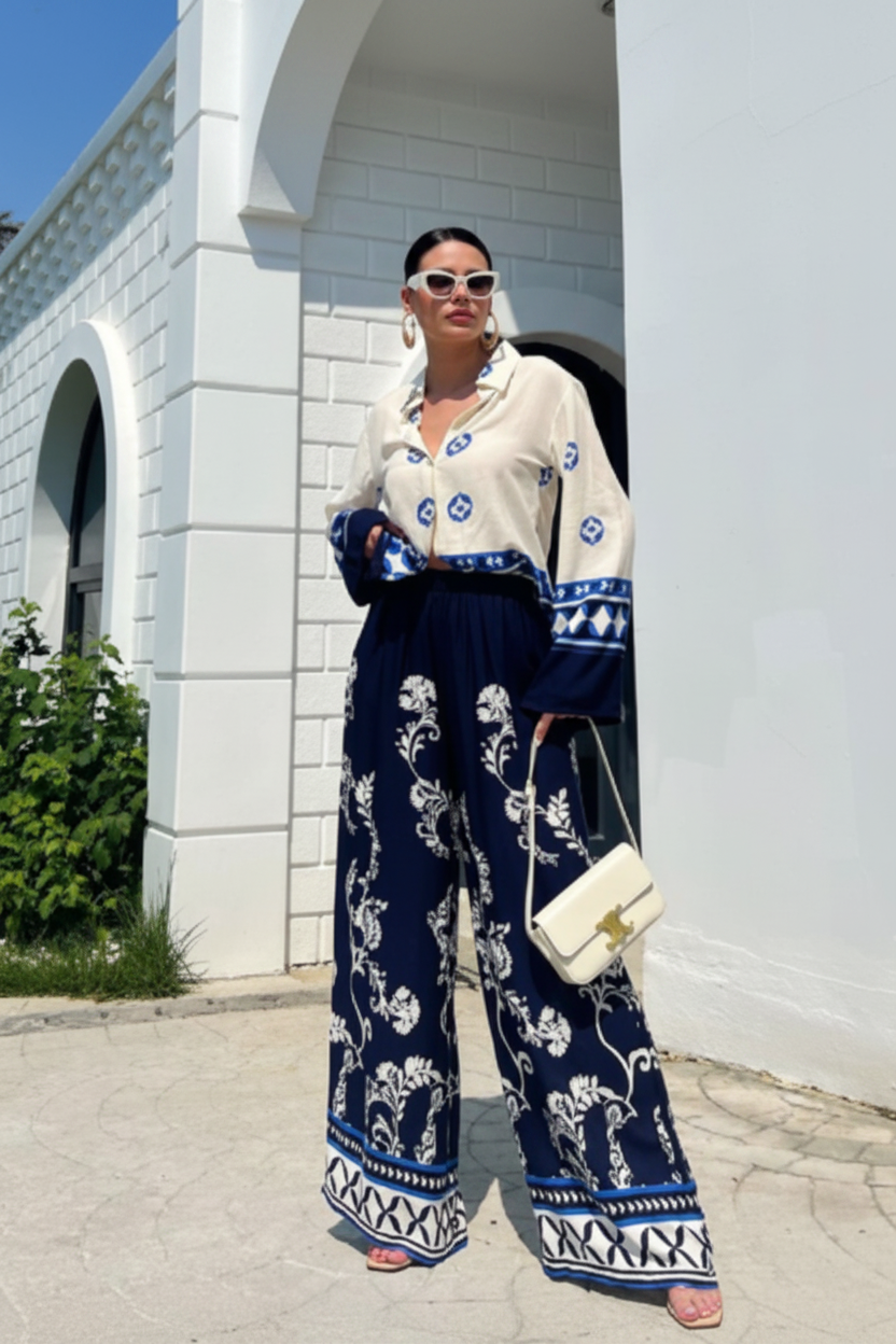 Barcelona Long Sleeve Shirt and Wide Leg Pants Set