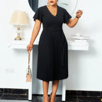 V-neck Pleated Dress with Lotus Leaf Sleeves (Plus Size)