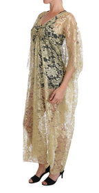 Dolce & Gabbana Gold Floral Lace Crystal Gown Cape Dress