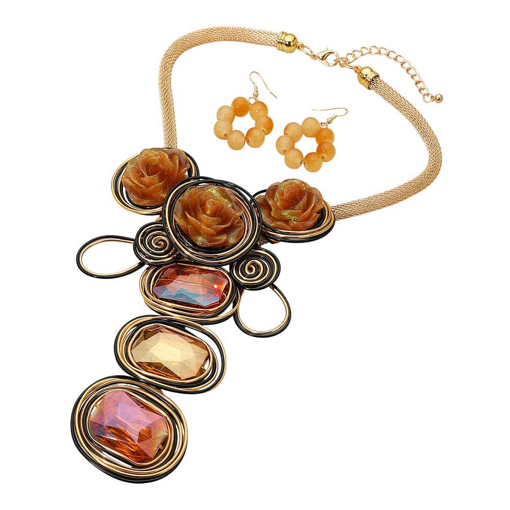 Bold Floral Accent Artistic Colorful Wire Coil Statement Necklace: Gray