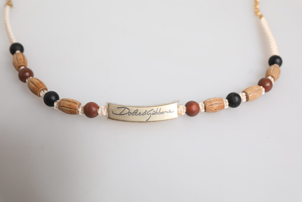 Dolce & Gabbana Black Gold Wooden Beaded Logo Pendant Necklace