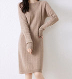 Round Neck Cable Knit Midi Dress - Loose Straight Style