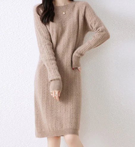 Round Neck Cable Knit Midi Dress - Loose Straight Style