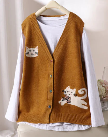 Autumn Loose Simple Knitted Sweater with Cat Embroidery